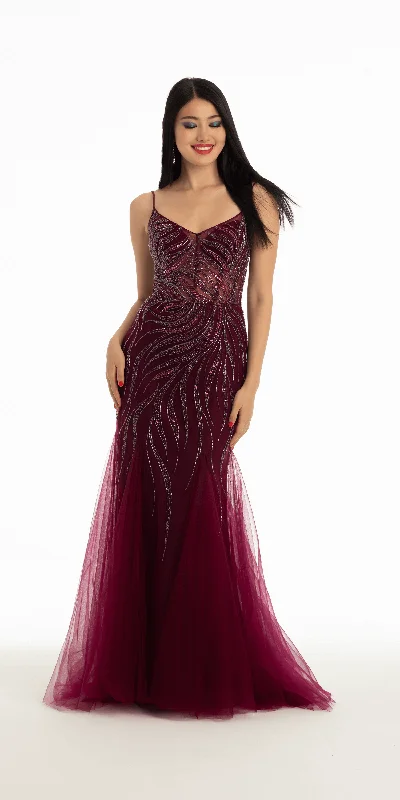Deal Frenzy Vine Beaded Sweetheart Tulle Mermaid Dress with Godets