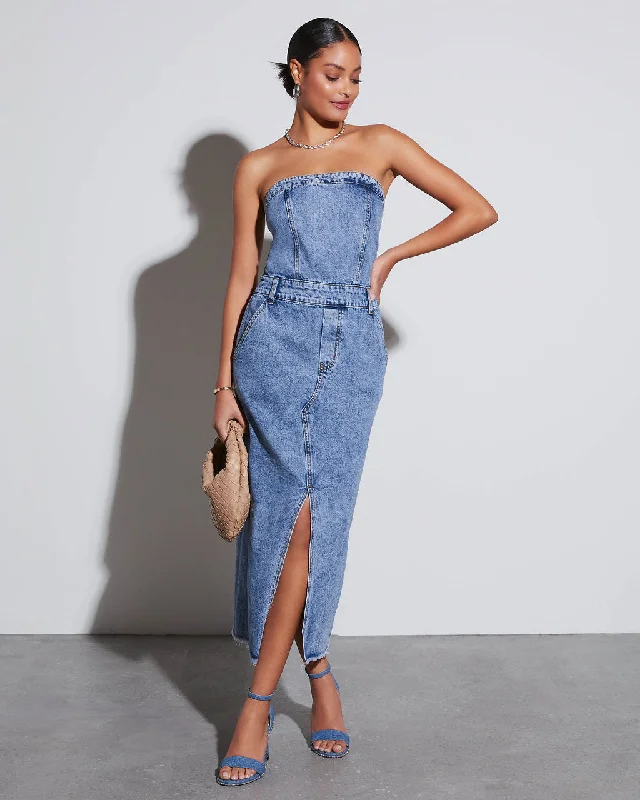 Stock Clearance Kimmy Strapless Denim Midi Dress