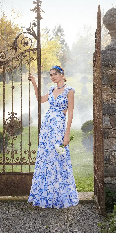 Price Drop Alert Floral Print Chiffon Column Dress with Ruffle Shoulders