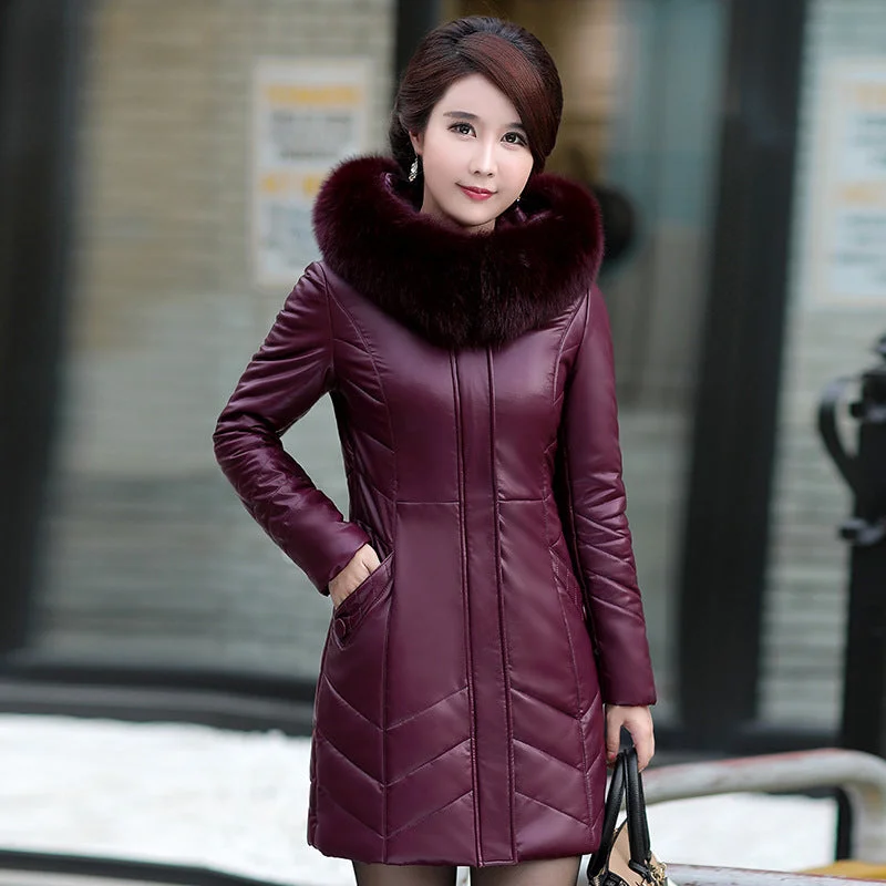 Limited Availability Middle-Aged And Elderly Women's Leather Casual Mid-Length Cotton Jacket