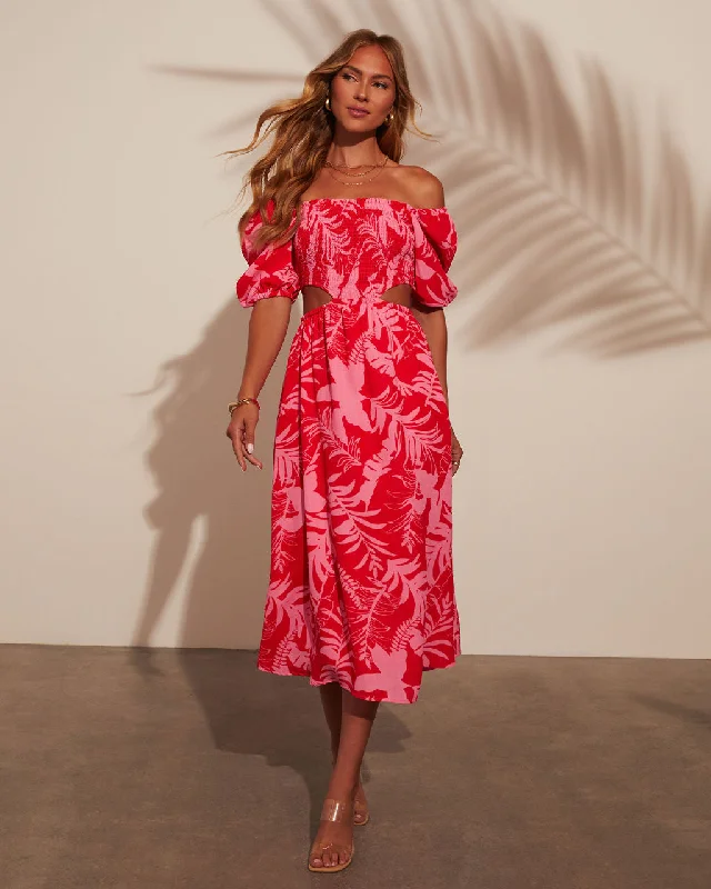 Exclusive Online Offer Kalena Tropical Print Cutout Smocked Midi Dress