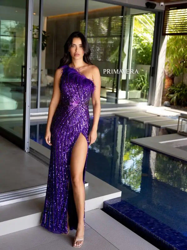 Price Drop Primavera Couture 4112 Size 6 Purple Long Prom Dress One Shoulder Feathers High Slit Sequin Fitted Formal Pageant  Gown