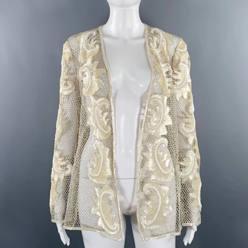 Buy Now VINTAGE Size M Cream Silver Mesh Beaded Sequins Open Front Jacket