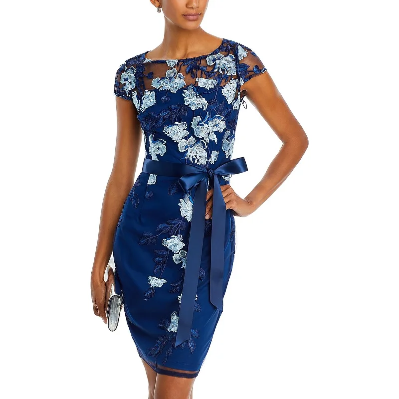 Midnight Madness Adrianna Papell Womens Embroidered Knee-Length Sheath Dress