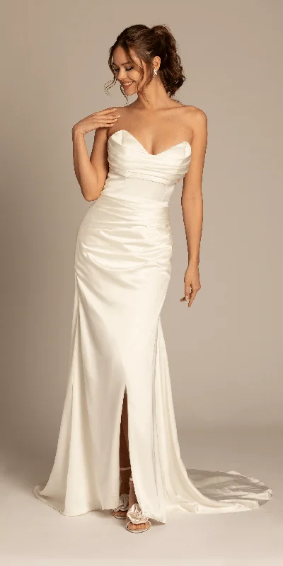 Discount Mania Satin Mock Wrap Pleated Column Dress with Chapel Train