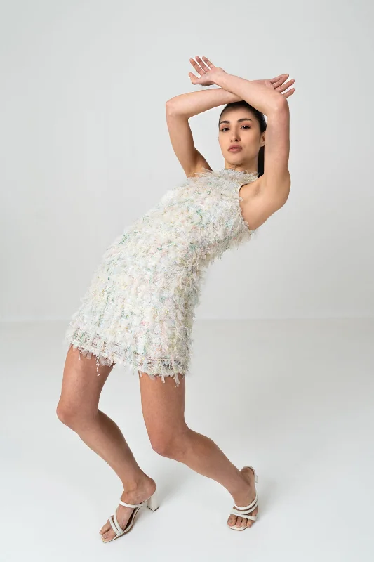 Weekend Deal SELF DESIGN SMOCKED HALTER NECK MINI DRESS