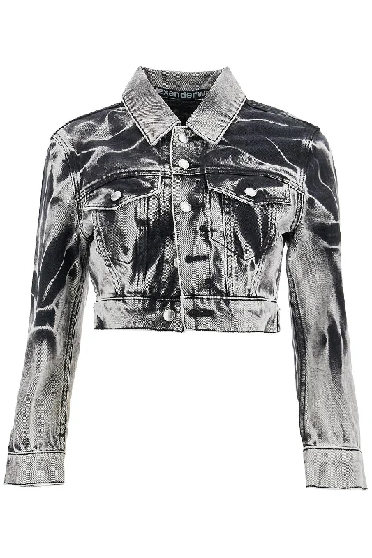Lowest Price Cropped Denim Jacket With Acid Wash  - Black
