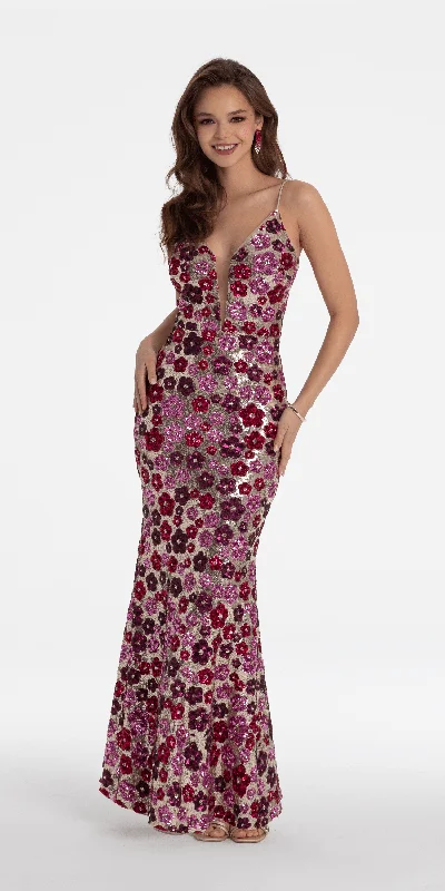Don't Wait Sequin Daisy Illusion Plunge Column Dress