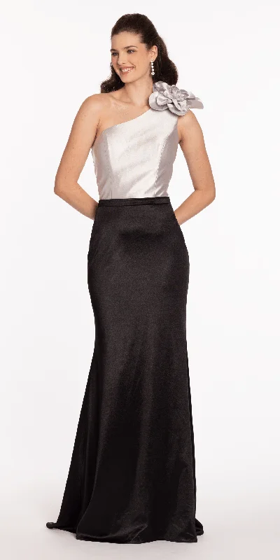 Clearance Items Two Tone Rosette One Shoulder Satin Trumpet Dress
