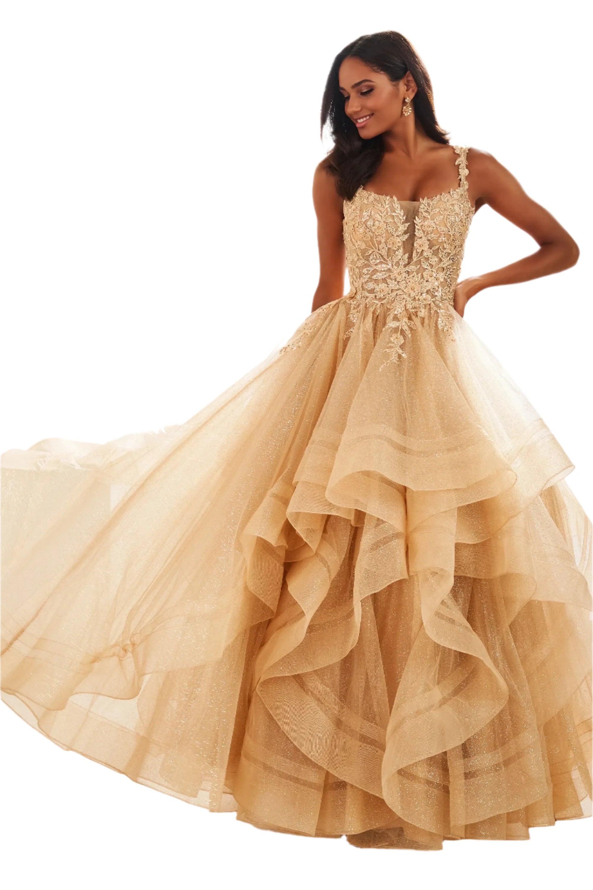 Instant Discount Ellie Wilde EW36035 Size 6 Gold Sheer Lace Shimmer Ruffle Prom Dress Ballgown Corset Sequin Layer Gown