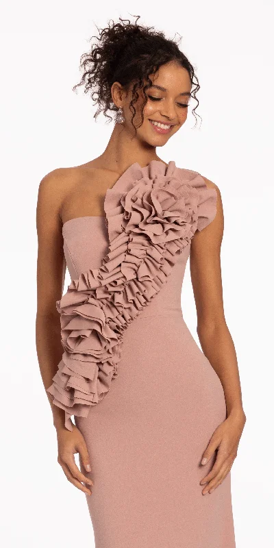 Final Clearance Crepe One Shoulder Column Dress with Origami Rosette Detail