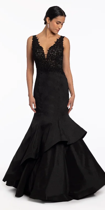 New Deals Plunging Lace Applique Taffeta Mermaid Dress