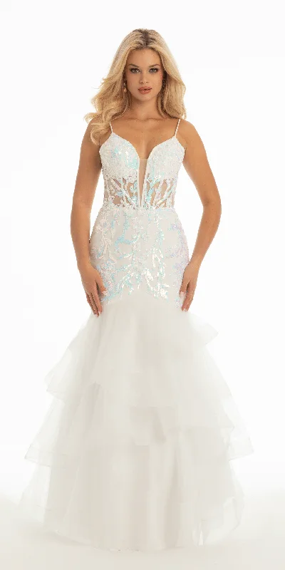 Buy More, Save More Iridescent Sequin Plunging Tiered Mermaid Dress