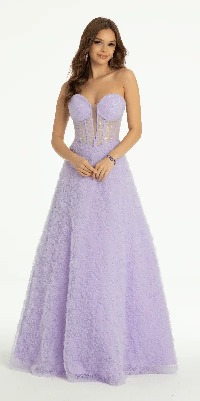 Deal Dash Rosette Glitter Mesh Plunging Corset Ballgown