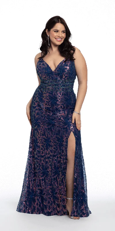 Quick Sale Plunging Scroll Sequin Trumpet Dress with Rhinestone Waistband