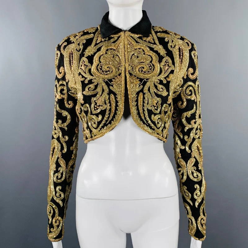 Weekend Special GENNY Size 8 Black Gold Taffeta Embroidered Bolero Jacket