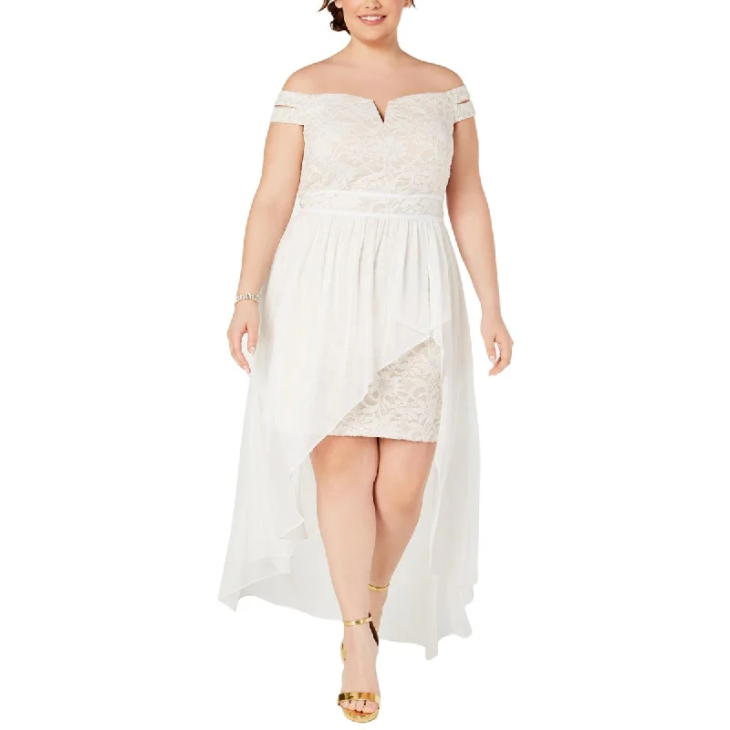 Referral Discount Morgan & Co. Womens Plus Off-The-Shoulder Glitter Lace Evening Dress
