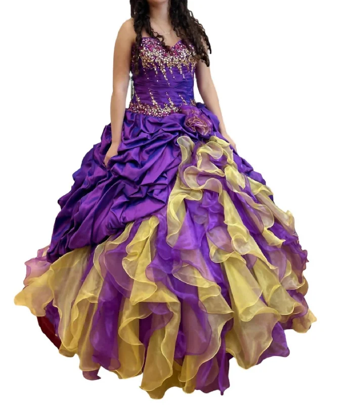 Warehouse Sale Quinceañera Off Shoulder Ruffle Dress In Purple/gold