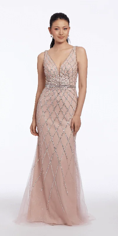 Exclusive Savings Diamond Beaded Plunging Mesh Column Dress