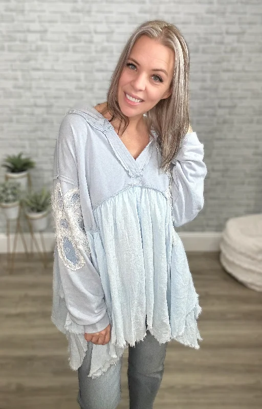 Quick Sale Asymmetrical Light Blue Daisy Hoodie - Oli & Hali