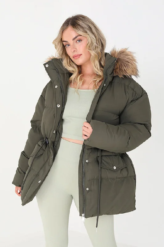 Low Prices MID LENGTH PADDED PARKA WITH FAUX FUR TRIMMED HOOD