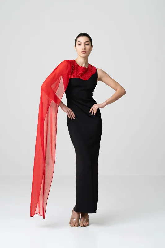 Shop and Save RED SEQUIN PATCH-WORK DRESS WITH ONE SHOULDER DRAPE