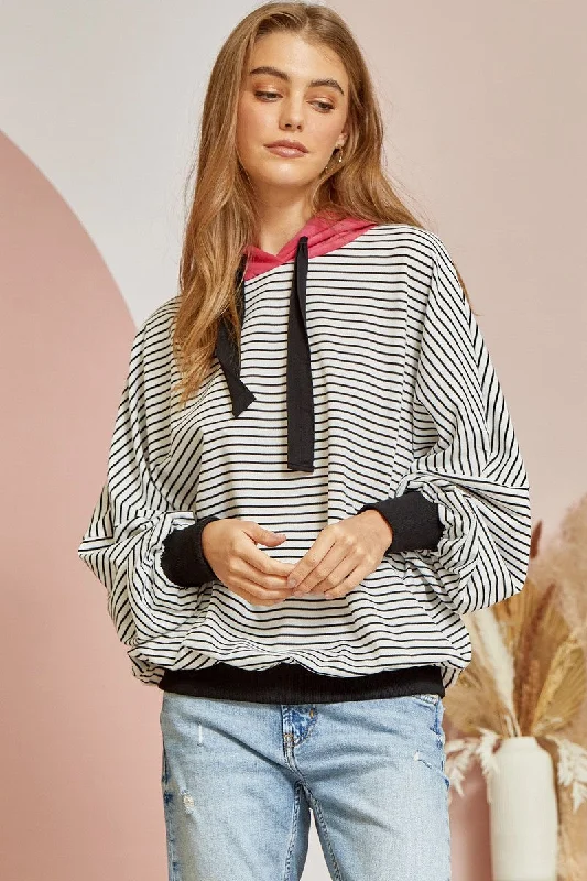 Year-End Sale Black and White Stripes with Hot Pink Hood - Hoodie - Andree by Unit