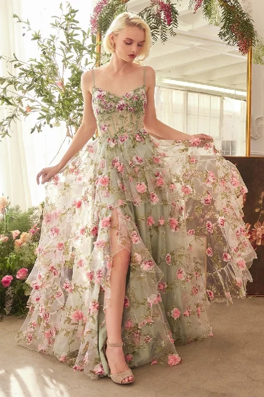 Deal Dash Andrea & Leo Couture A1420 Size 2 Sage Ruffle A Line sheer corset Prom Dress Layer Print Floral Gown