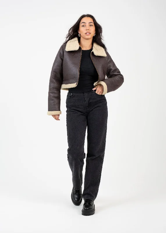 Now or Never CROPPED CACKLE SUEDE AVIATOR JACKET WITH BORG TRIMS