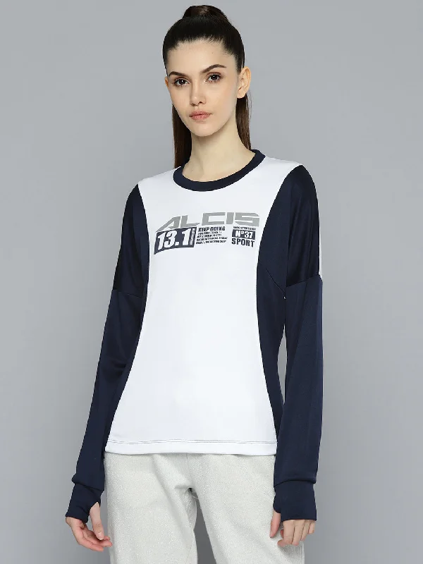 Buy Now Alcis Women White and Navy Blue Brand Logo Printed Sweatshirt