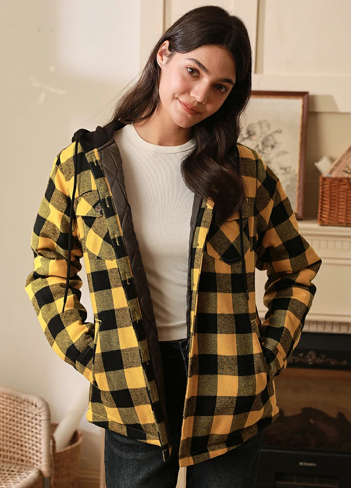 Flash Deals Women's Quilted Lined Hooded Plaid Flannel Shirt Jacket with Hood