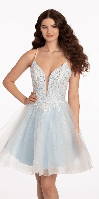 Buy Now Plunging Tulle Applique Lace Up Back Fit and Flare Dress