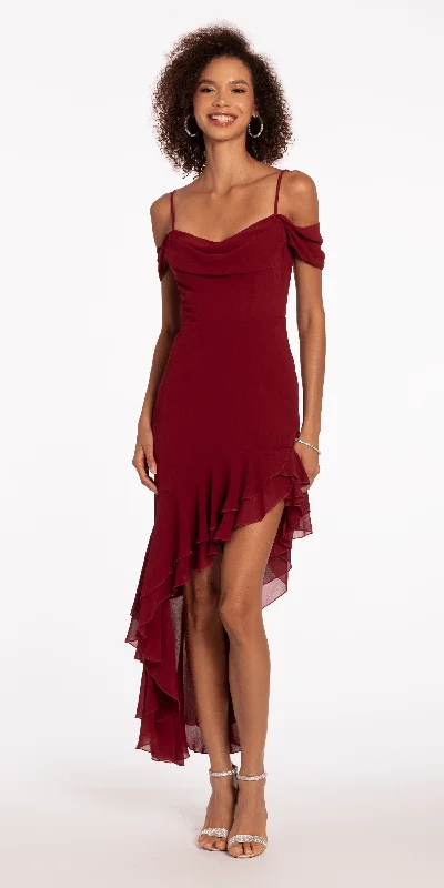 Lowest Price Chiffon Off the Shoulder Drape High Low Dress with Ruffle Hem