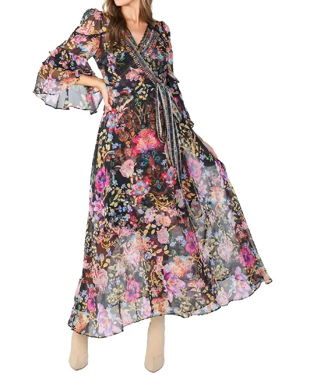 Overstock Sale Chiffon Wrap Dress In Black Multi