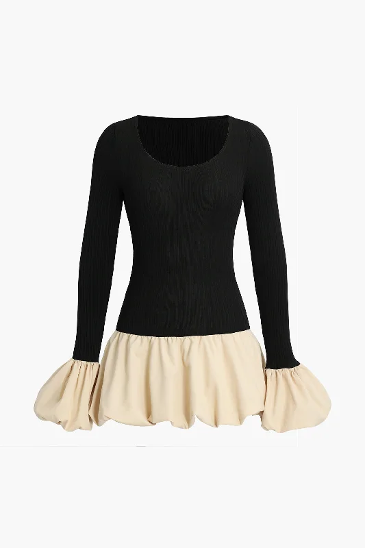 Price Drop Puff Sleeve Patchwork Long Sleeve Mini Dress