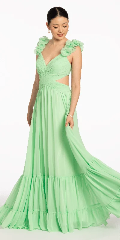 Limited Quantity Ruched Chiffon Front Dress with Shoulder Ruffles