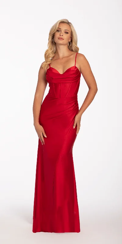 Bonus Savings Satin Drape Corset Column Dress with Sweep Train