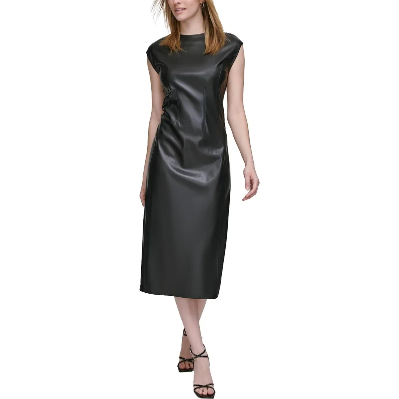 Flash Sale Calvin Klein Womens Solid Faux Leather Sheath Dress