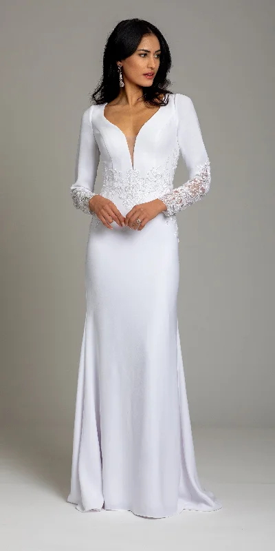 Price Rollback Crepe Embroidered Long Sleeve Illusion Back Column Dress