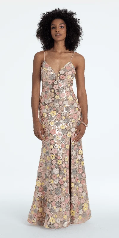 Major Savings Plunging Sequin Daisy Lace Up Back Trumpet Dress