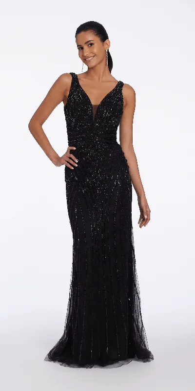 Crazy Deals Chevron Beaded Lace Plunge Trumpet Dress