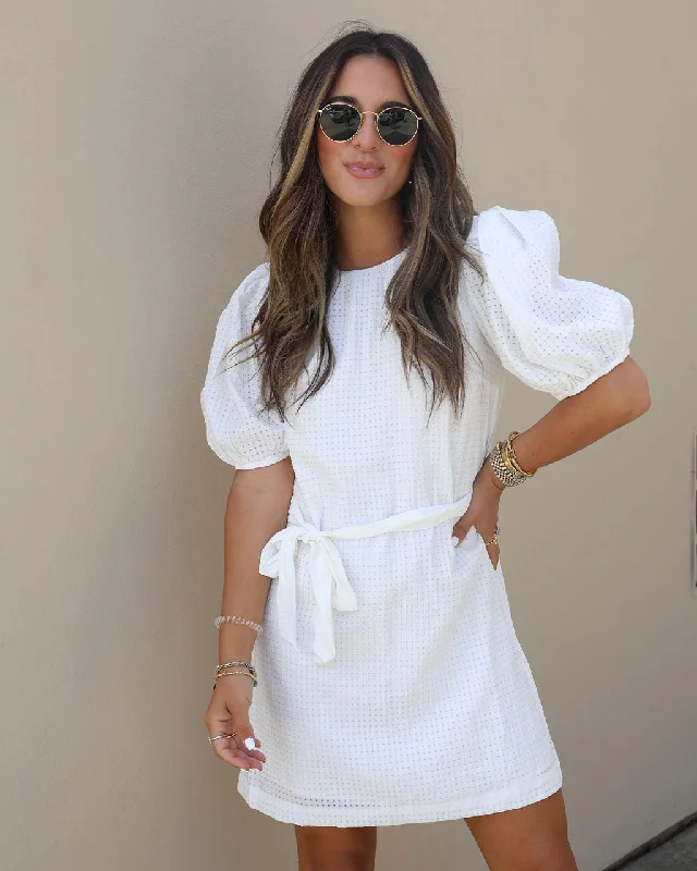 Steals and Deals Pure Sweetness Textured Puff Sleeve Tie Waist Mini Dress