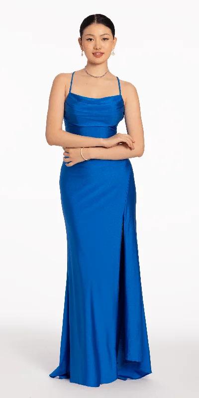 Discount Deals Stretch Satin Drape Front Tie Back Halter Dress