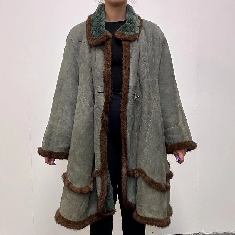 Hurry In Confezioni in Pelle Sheepskin Shealing Suede Green Coat UK 16