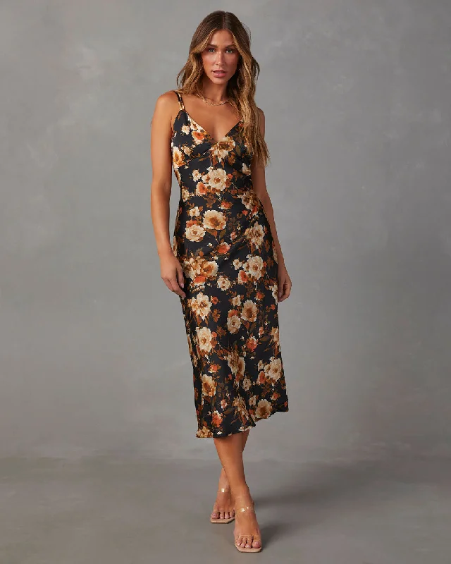 Fantastic Offers Sweet Sunflower Satin Floral Midi Dress