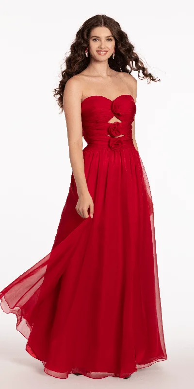 Price Smash Ruched Chiffon Sweetheart Peek-a-Boo A Line Dress with Rose Detail