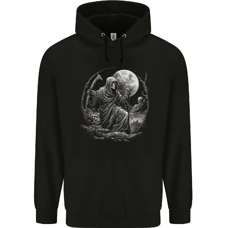 Special Buy Grim Reaper With a Full Moon and Skulls Mens 80% Cotton Hoodie