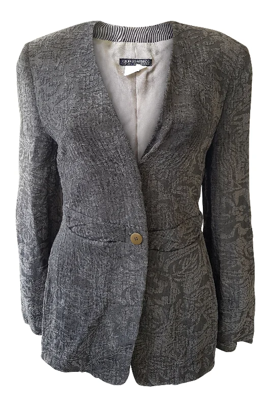 The Best Prices ARMANI Grey Single Breasted Floral Flocked Blazer Jacket (UK 8)