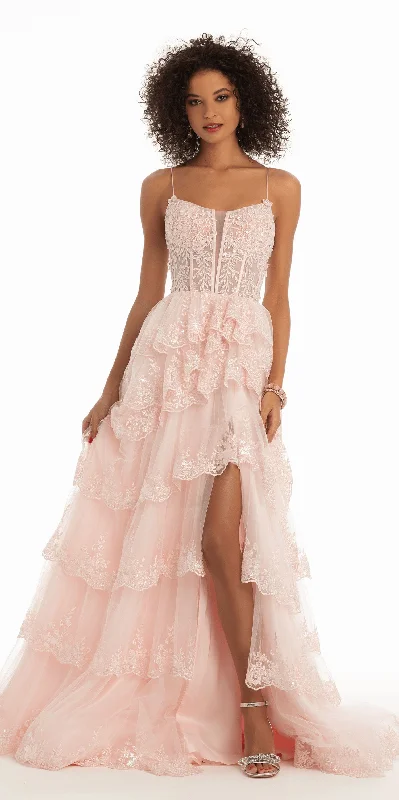 Price Blitz Embroidered Plunging Tulle Scallop Tiered Ballgown with Side Slit