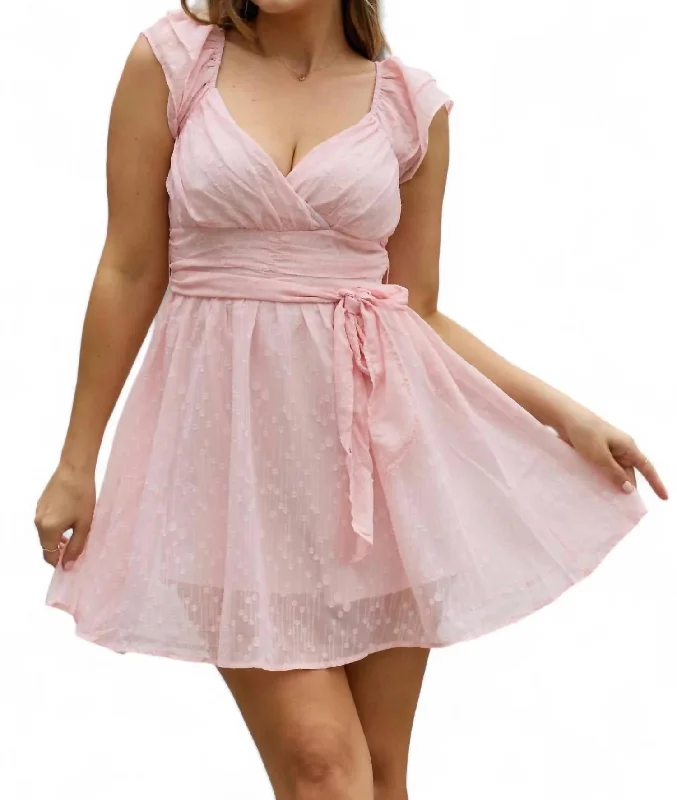 YEAR-End Clearance Short Sleeve Lace Woven Dress In Pink